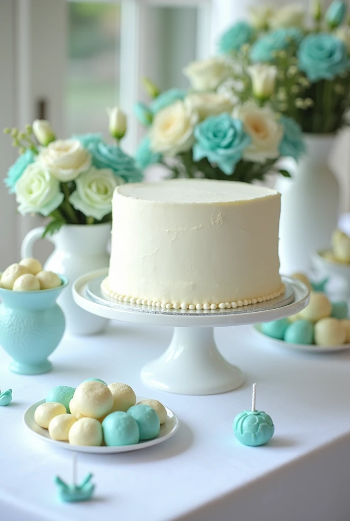 create a complete christening table with a 2-tier white cake , white flowers and turquoise flowers inside white vases , white chocolates inside flower molds in different shades of turquoise