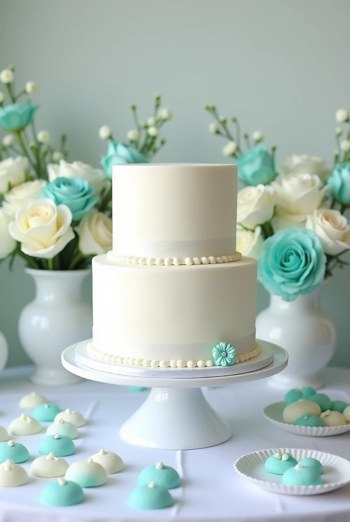 create a complete christening table with a 2-tier white cake , white flowers and turquoise flowers inside white vases , white chocolates inside flower molds in different shades of turquoise