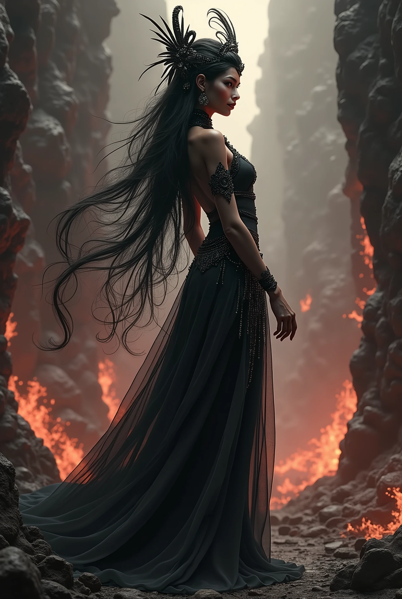 A detailed, dark, and intricate portrait of a beautiful Black Apsara figure in a hellish, fiery landscape, (best quality,8k,highres,masterpiece:1.2),ultra-detailed,(realistic,photorealistic,photo-realistic:1.37),extremely detailed facial features,detailed eyes and lips,long eyelashes,flowing black hair,intricate golden headdress and jewelry,dark and moody atmosphere,hellish background with flames and smoke,dramatic lighting,deep red and orange tones,dark fantasy,concept art,digital painting
