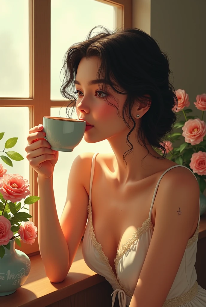 work of art,best qualityer,work of art,best qualityer,offcial art,Extremely detailed CG 8k unity wallpaper,Slightly retro color,rice printing style,illustration,cute,1 girl,flowers,windowsill,flower vase,Drink coffee,. Draw me a Latina woman, Brazilian, mixed race japanese, with some imperfections on the face, something like non-symmetrical scabies and a smaller nose than conventional, a mole on the left arm, and a BCG vaccine scar on the arm