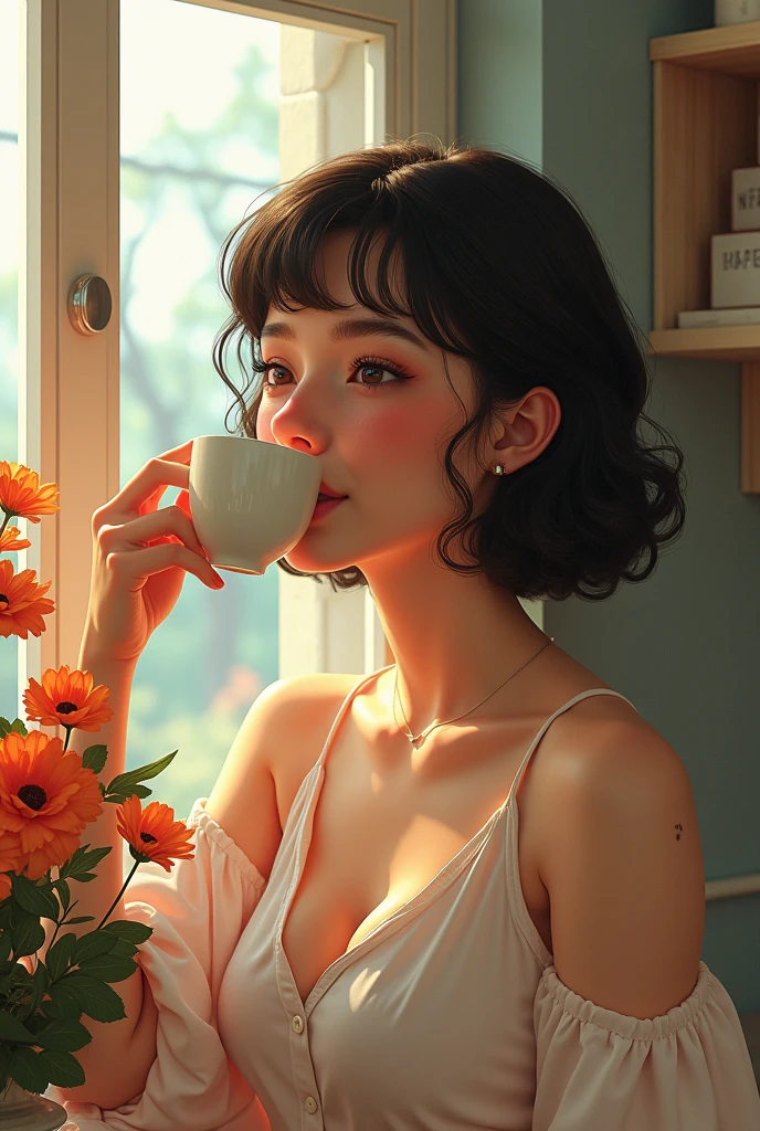 work of art,best qualityer,work of art,best qualityer,offcial art,Extremely detailed CG 8k unity wallpaper,Slightly retro color,rice printing style,illustration,cute,1 girl,flowers,windowsill,flower vase,Drink coffee,. Draw me a Latina woman, Brazilian, mixed race japanese, with some imperfections on the face, something like non-symmetrical scabies and a smaller nose than conventional, a mole on the left arm, and a BCG vaccine scar on the arm