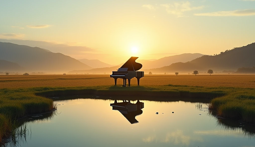 It depicts a peaceful landscape photographed at sunrise.。The sky is a warm orange、yellow、And filled with a pale blue、In front of me is a calm water surface.、Silhouettes of hills and mountains in the distance are visible。In the middle ground、さまざまな緑色とyellowの畑が広がっており、A large black grand piano sits on grass and cultivated land。This image is、nature、Tranquility、Interesting themes related to the beauty of dawn and dusk。