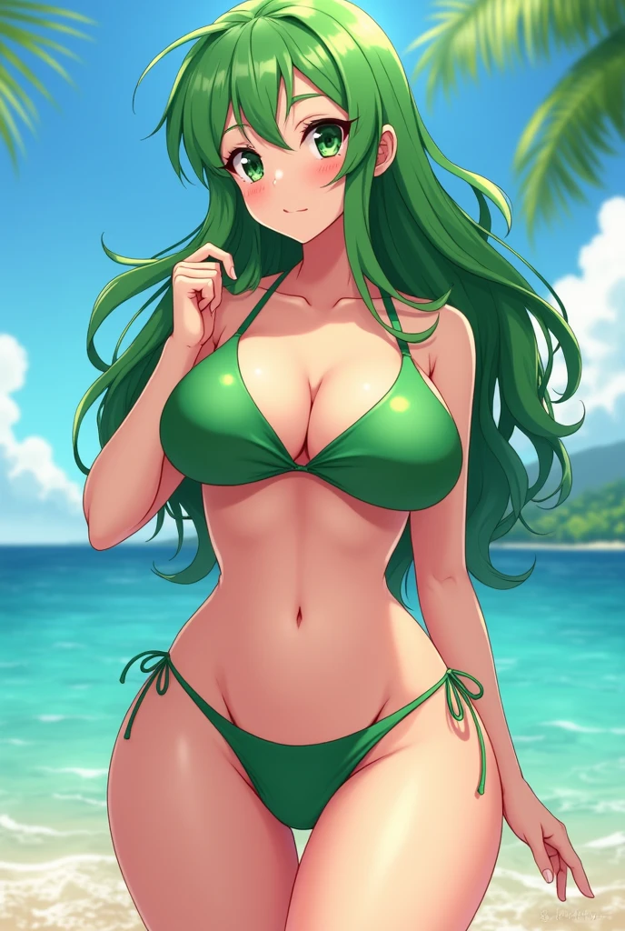 A pretty girl whos curvy with green hair wearing a green bikini anime style