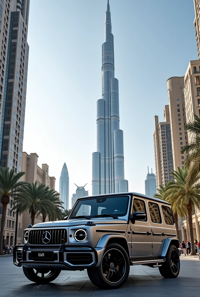 Mercedes Benz Gwagon in front of Burj Khalifa
