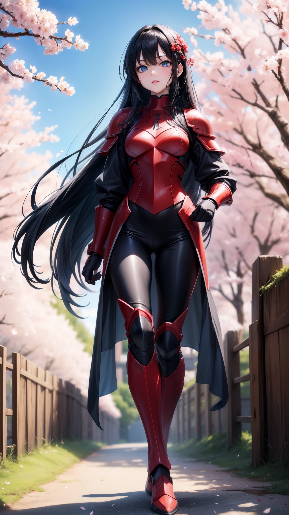 アニメ,{red full body armor 1.6 detailed},  1 girl, {face perfect}, {long black hair}, {blue colored eyes}, {asymmetrical eyes}, {perfect nose}, {red lips}, {full body 5.0}, {walking in a cherry blossom field}
{8k image}, {128k ultra resolution}, {ultra quality 128k}, {128k high quality sharpness}