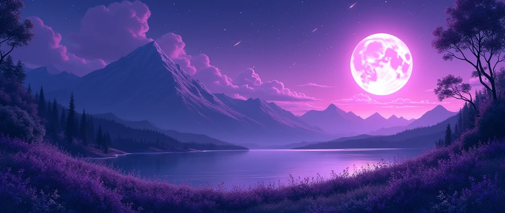 make an anime landscape with purple tones and the purple moon with shooting stars