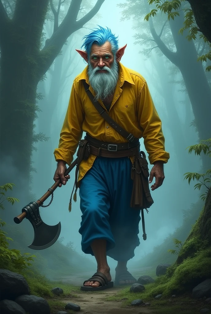 An old man with blue hair and a yellow streak,with blue pants,bright green eyes,that is in a foggy forest,that has a shiny iron machete,have a yellow shirt,and be a human