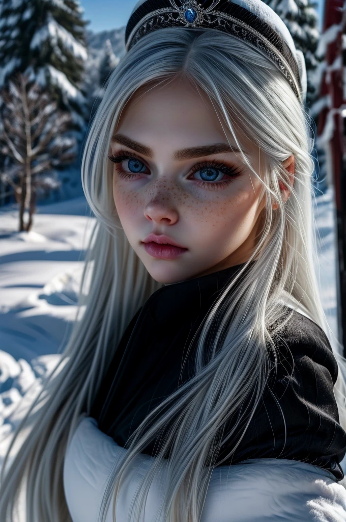 very beautiful woman, perfect face, long white hair, small sharp face, perfect big blue eyes, thin arched eyebrows, very thick and long eyelashes, close up face, freckles, small nose, black winged eyeliner, front view, looking at viewer, super white skin, russian soft small features, in the snow 