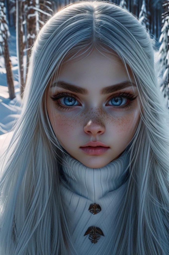 very beautiful woman, perfect face, long white hair, small sharp face, perfect big blue eyes, thin arched eyebrows, very thick and long eyelashes, close up face, freckles, small nose, black winged eyeliner, front view, looking at viewer, super white skin, russian soft small features, in the snow 