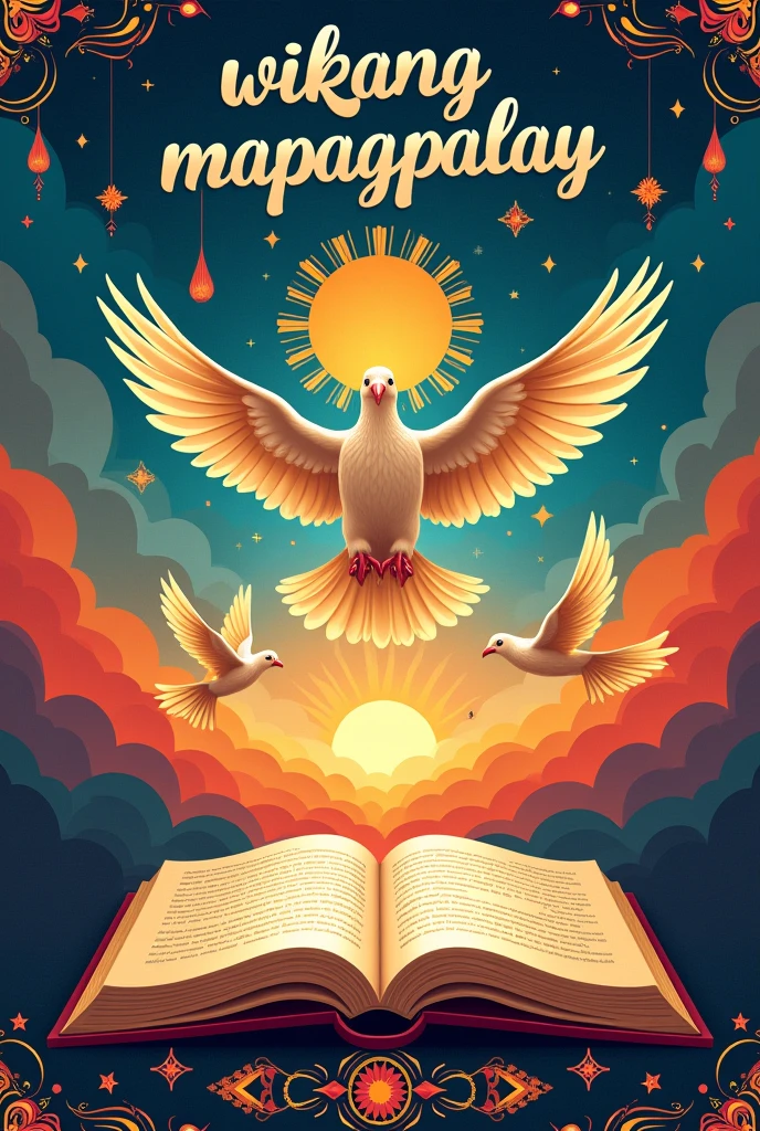 A landscape-format poster with the title "Wikang Mapagpalaya" prominently displayed in elegant, flowing Filipino script across the top. The background is a dynamic panorama of vibrant colors, symbolizing the richness and diversity of language. In the center, an open book lies horizontally, with its pages morphing into soaring doves, representing the liberating power of language. Traditional Filipino patterns and cultural symbols, such as the sun, stars, and intricate textiles, subtly frame the scene. The overall design is empowering, with a strong emphasis on cultural pride and the transformative impact of language on freedom. Make it in a landscape format