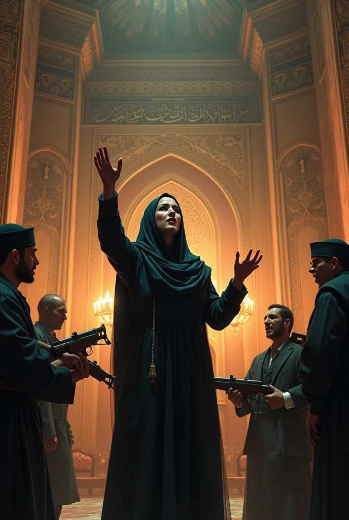 Draw me a picture of a woman preaching the word of God in Iran while being threatened with weapons