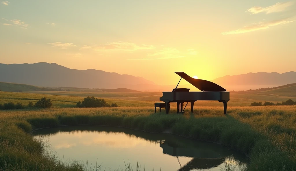 It depicts a peaceful landscape photographed at sunrise.。The sky is a warm orange、yellow、And filled with a pale blue、In front of me is a calm water surface.、Silhouettes of hills and mountains in the distance are visible。In the middle ground、さまざまな緑色とyellowの畑が広がっており、A large black grand piano sits on grass and cultivated land。This image is、nature、Tranquility、Interesting themes related to the beauty of dawn and dusk。