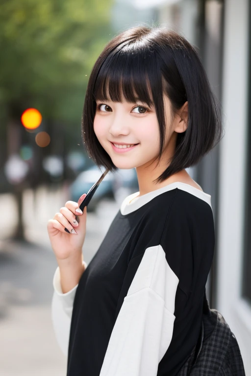 Trendy clothes,Trendy hairstyles,Short bangs,Black Hair,Highest quality,,Browsing Caution,Change of clothes,Young girl,smile,Not wearing