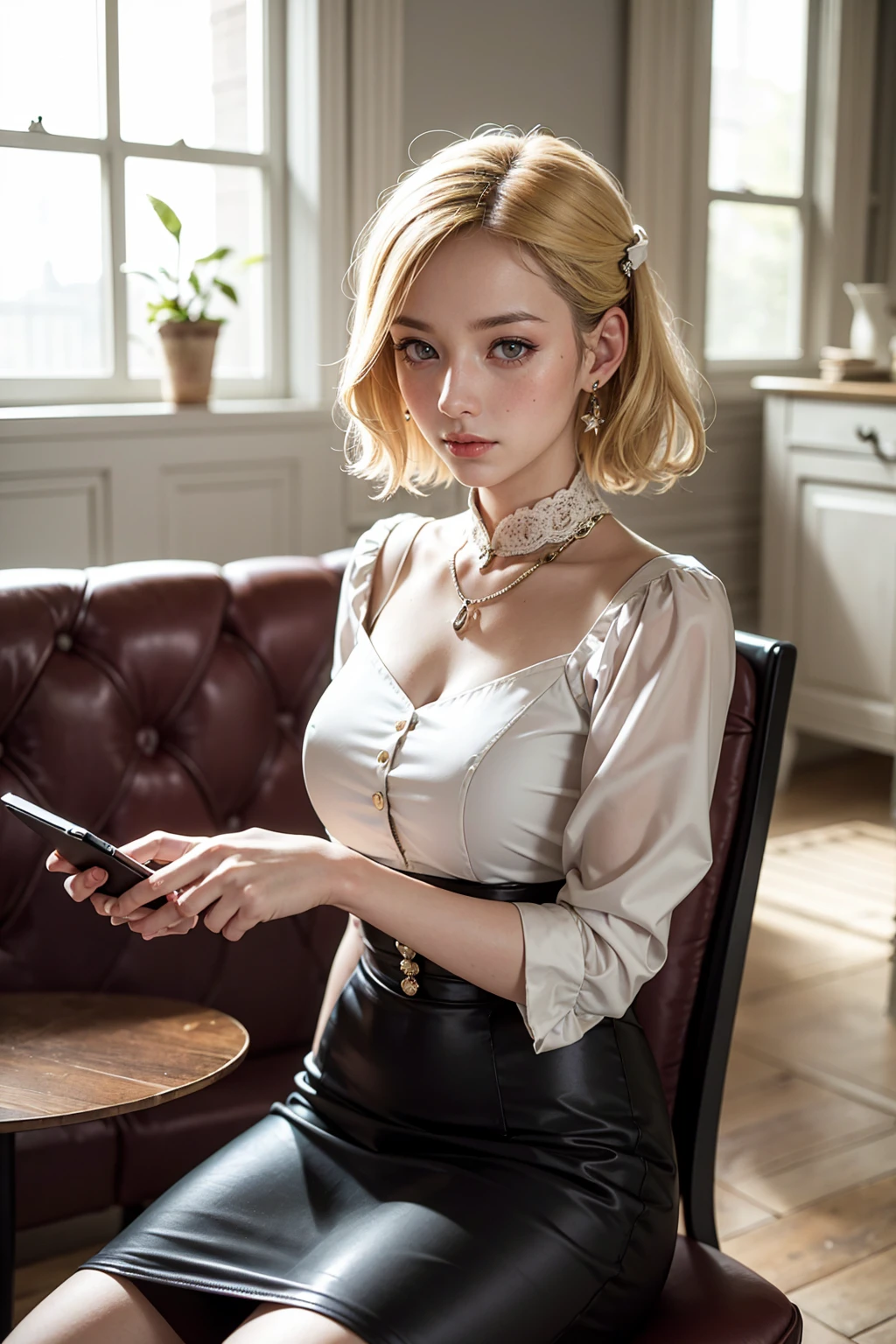 Portrait of a 4 blonde French woman, 1940, Period costume, Genuine Leather, Sit down and take a selfie like you would with a smartphone, (Living room with period furniture, Calm, soft light: 1.2)