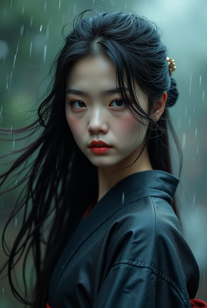 a beautiful japanese girl standing in a rainy storm, detailed face, long black hair, expressive eyes, detailed lips, wearing a traditional japanese kimono, dramatic lighting, rain and wind effects, cinematic composition, highly detailed, 8k, photorealistic, dramatic colors, moody atmosphere, masterpiece