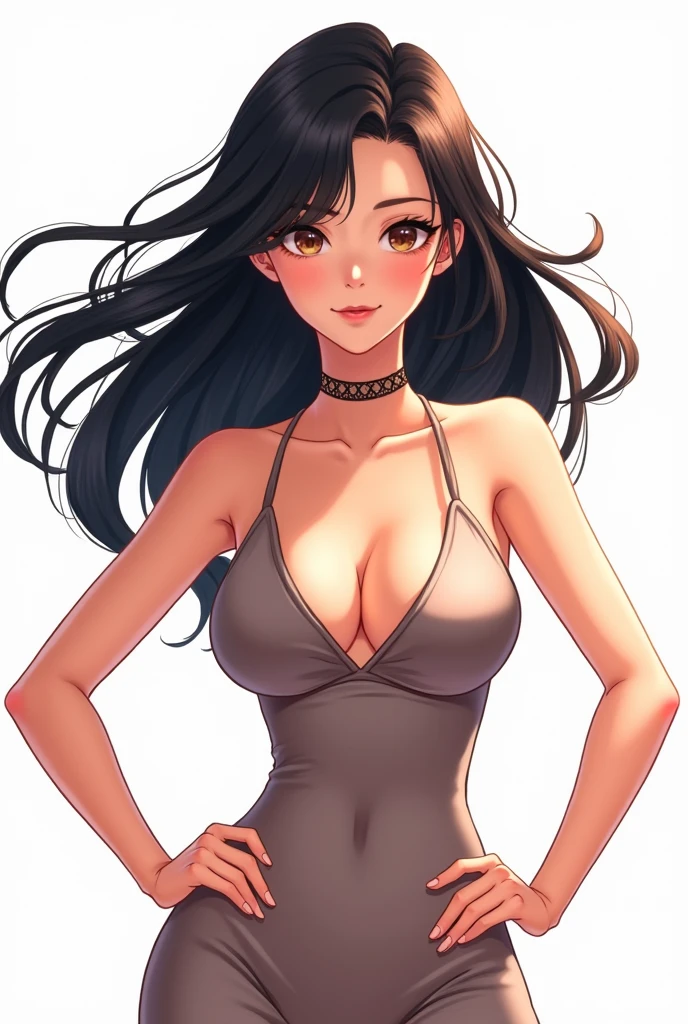 an animated illustration of asian woman's hair blowing in wind, hands on hips, 1girl, solo, breasts, armpits, cleavage, white background, choker, black hair, dress, large breasts, simple background