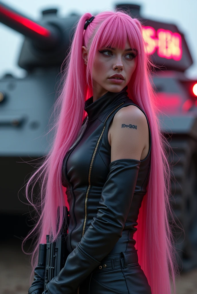 A woman with exuberant beauty with long, flowing pink hair. She is wearing a long jumpsuit. Behind her is a large tank with a neon sign that says “FMS-134” artillery woman, shooter, murderer. cyber punk.  Woman with a rifle in her hand. high resolution, ultra HD, high qualiy, 