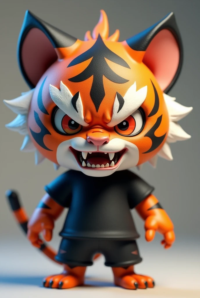 3D chibi mascot of a fierce scary male yōkai with tiger like face features, wearing a black tshirt
