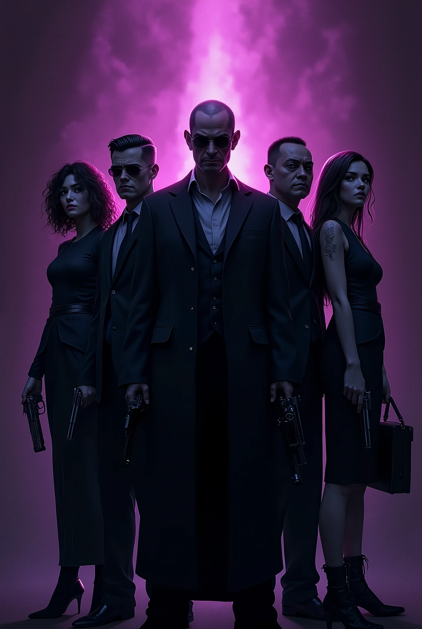 Generate an image with a purple background mixed with black and in the front written Nuguid Family with about 5 people 3 Man 2 women looking like the mafia with weapons in black detail.