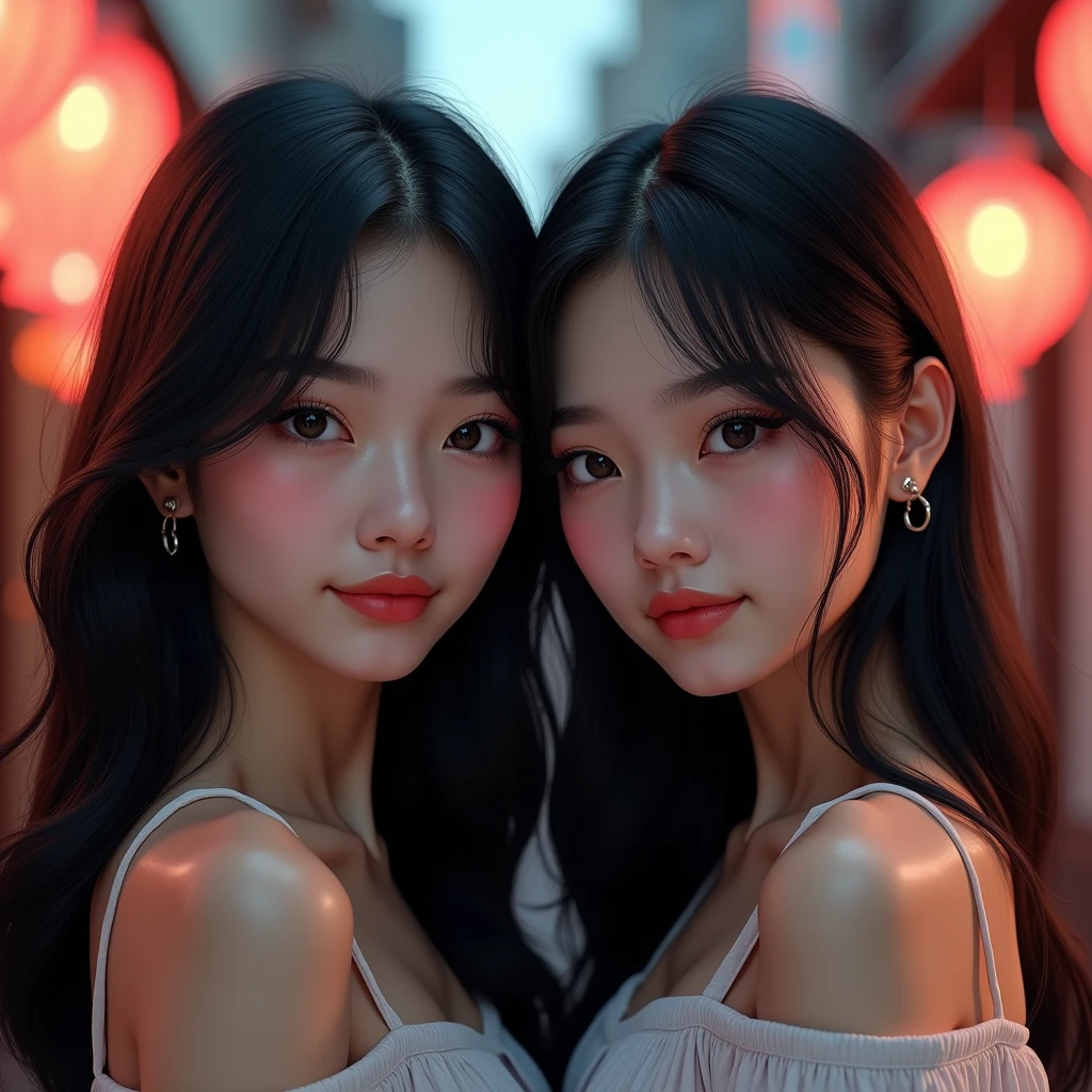 Identical twin sisters、(Highest quality,4K,High resolution,masterpiece:1.4),Very detailedな,Very detailed,Sharp focus,Surreal:1.4,Professional, Human Development Report,超High resolution,Bright colors,Bokeh,Beautiful and delicate eyes,Beautiful and delicate lips,Long eyelashes,Romantic atmosphere,Soft Light,Light and shadow contrast, Lighting Effects,Vibrant and young々Shii,High nose bridge,sexy,Black Hair,girl,smile,cute，Street background，亚洲girl