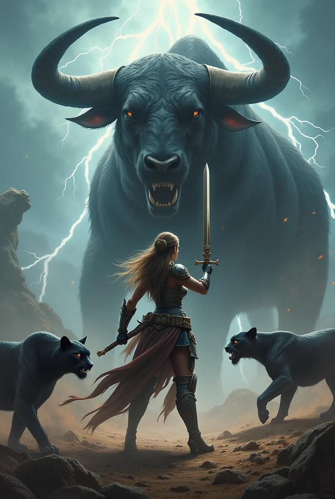 Woman with sword fighting in lightning with a big bull head behind her and a black panther on a leash