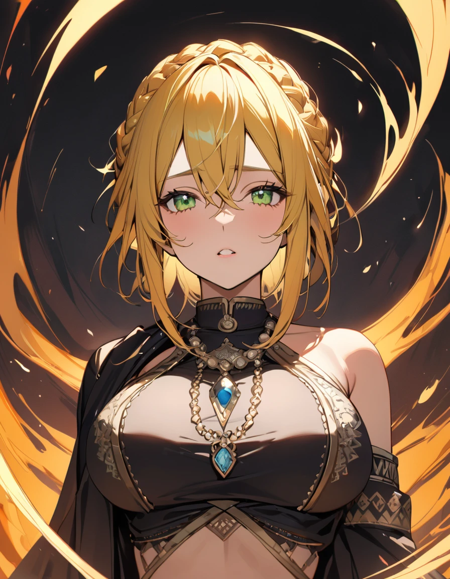 (masterpiece)、(absurdres)、(ultra detailed)、(8k),Anatomically correct,(solo woman:1.1,long yellow hair:1.1,hair between eyes,french braid:0.9,big :0.9,BREAK,green eyes,(),little round sapphire pendant:0.9,(),black stripes indian costume:1.1,(),upperbody shot:1.2,looking away,looking up:1.0,half-closed eyes,Expressionless,tears,walking,Magical flames float around:1.2,simple darkness background,in the darkness:1.2,