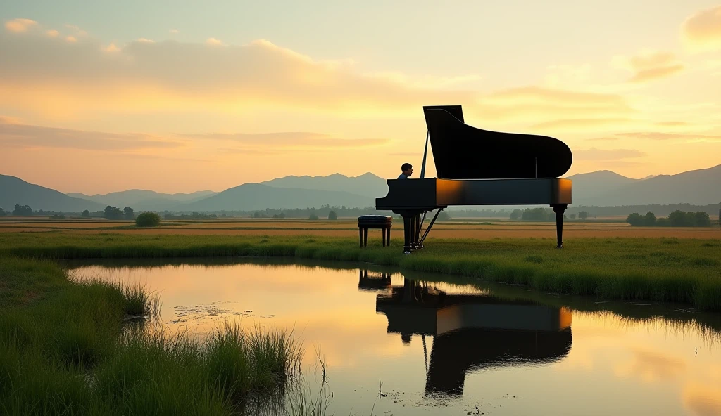 It depicts a peaceful landscape photographed at sunrise.。The sky is a warm orange、yellow、And filled with a pale blue、In front of me is a calm water surface.、Silhouettes of hills and mountains in the distance are visible。In the middle ground、さまざまな緑色とyellowの畑が広がっており、A large black grand piano sits on grass and cultivated land。This image is、nature、Tranquility、Interesting themes related to the beauty of dawn and dusk。