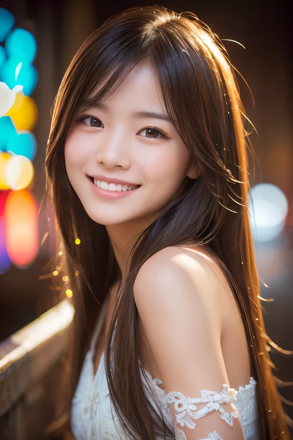 One girl, High resolution, Long Hair, smile, Anatomically correct, High-resolution model, Very detailed, Textured skin, End of Summer, Typhoon-proof, Stained glass, Friendly atmosphere, Sparkle Effect,