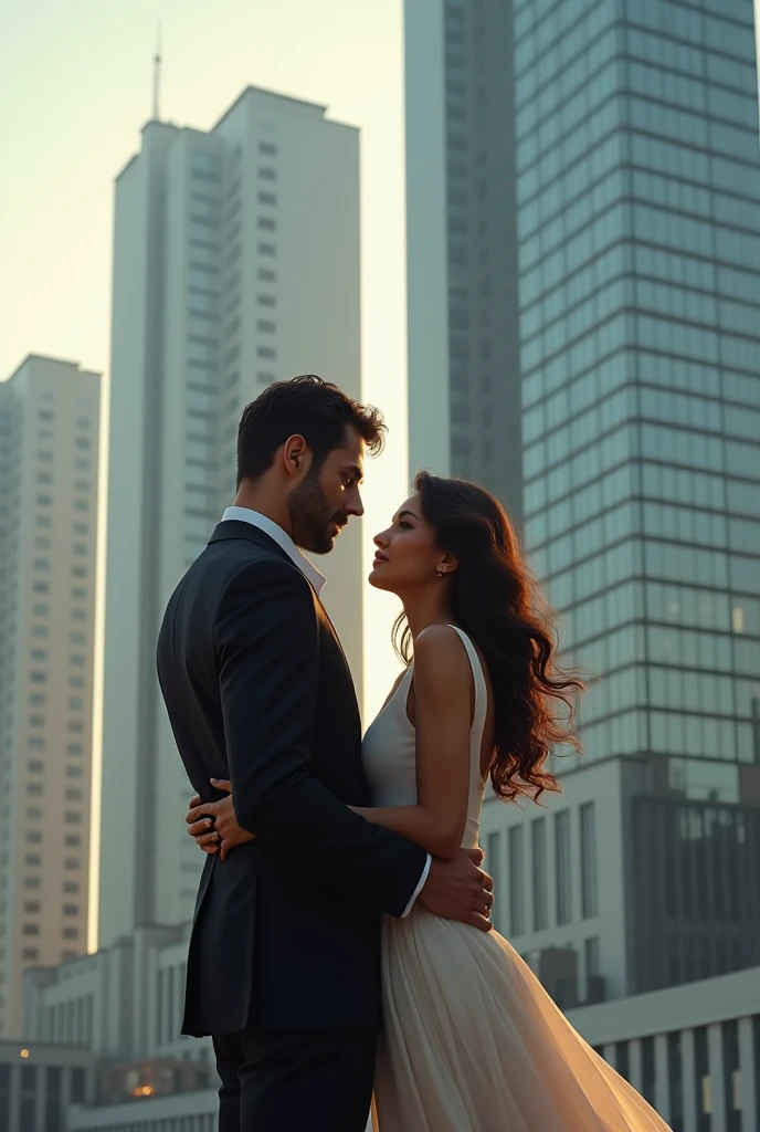 In front of a modern building, a man hugs a woman while looking back.