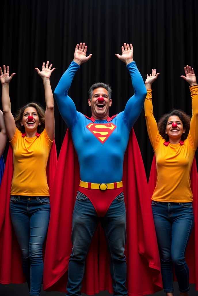 Group of 5 common people between men and women with Latin features, They are between 8 and 60 years old,dressed as superman with a cape, They wear a colorful shirt, They wear a small red Clown nose, They are raising their arms and have expressions of joy, They are in the middle of a theater stage with the curtain open