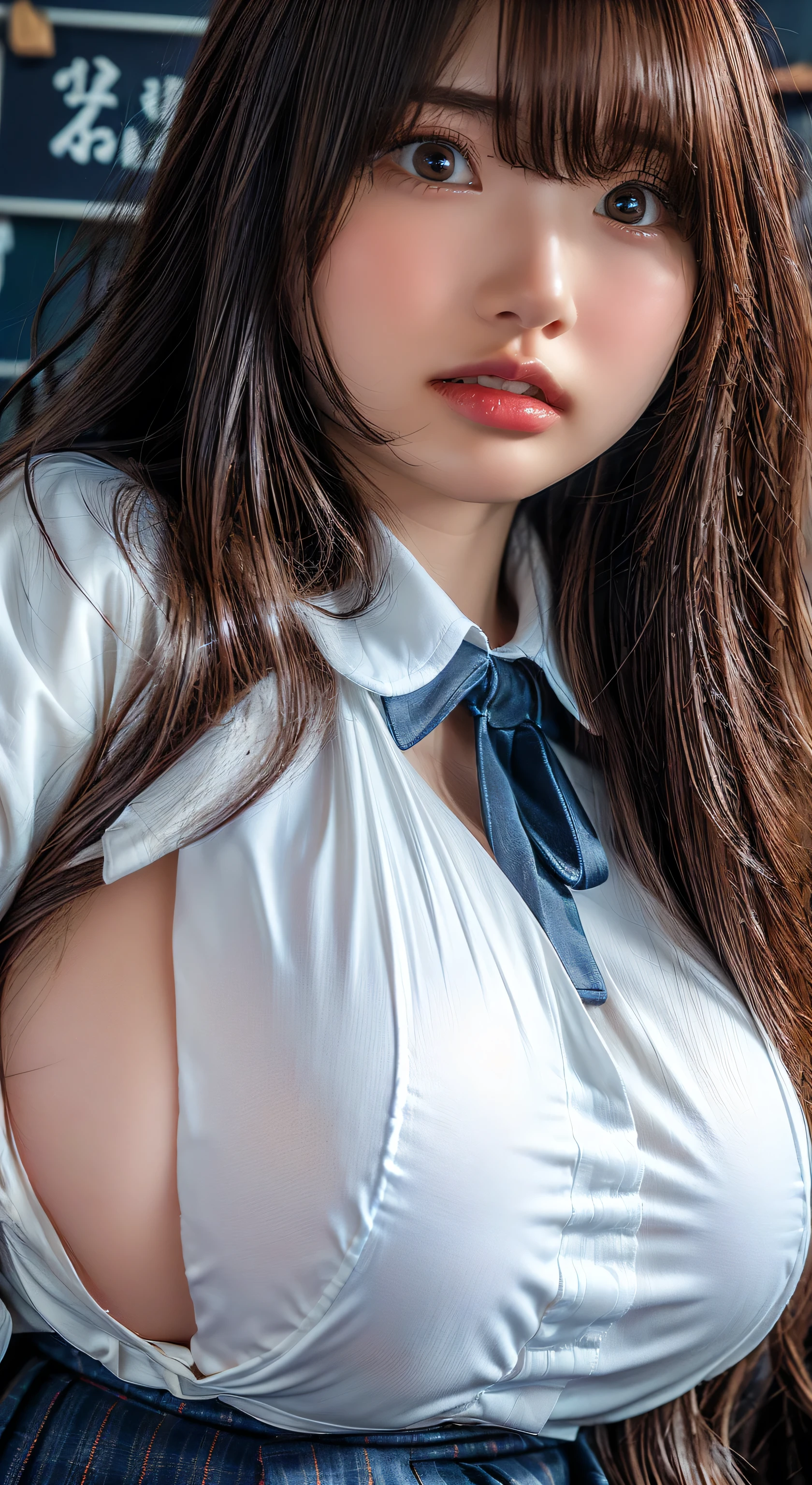 (Highest quality、Full body to toes、Best image quality、Award-winning works)、Extremely cute and lewd high school girl、White polyester collared shirt ripped because her breasts were too big、Short sleeve:1.4)、(Navy Pleated Skirt:1.1)、Girl portrait photography、Glowing Skin、Brown Hair、Are standing、Look at the audience with a big smile on your face、Sculpture Pose、(Science Room Background:1.45)、(Very obscene and huge breasts bigger than her face:1.85)、Accentuate your body lines:1.1)、Very large red ribbon tie、Very long hair:1.75、A very cute expression of begging to be held