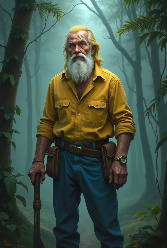 A grandfather with yellow hair,with blue pants,bright green eyes,that is in a foggy forest,that has a shiny iron machete,have a yellow shirt,and be a human 