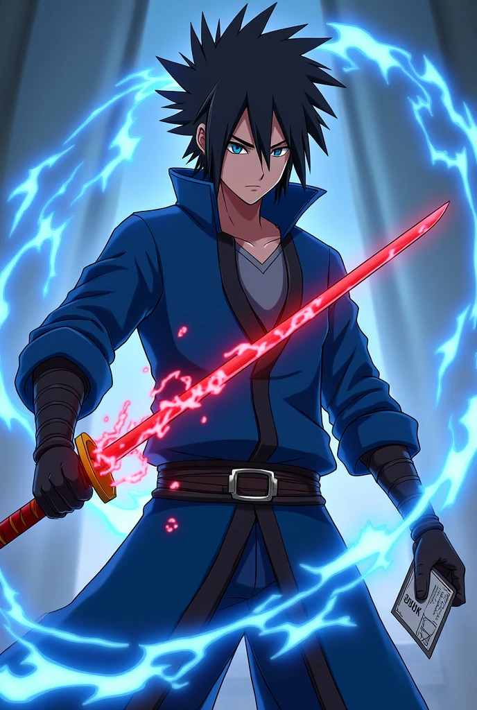 onagem that is a ninja contains a style SIMILAR to Boruto&#39;s BLUE vortex has 1,75 tall, blue eyes, clothes like Sasuke&#39;s in Boruto, straight brown hair with spikes like the protagonist of Shield Hero and a serious face and is 1, holds a red flaming sword and holds a work card, a man and holds a signed work card