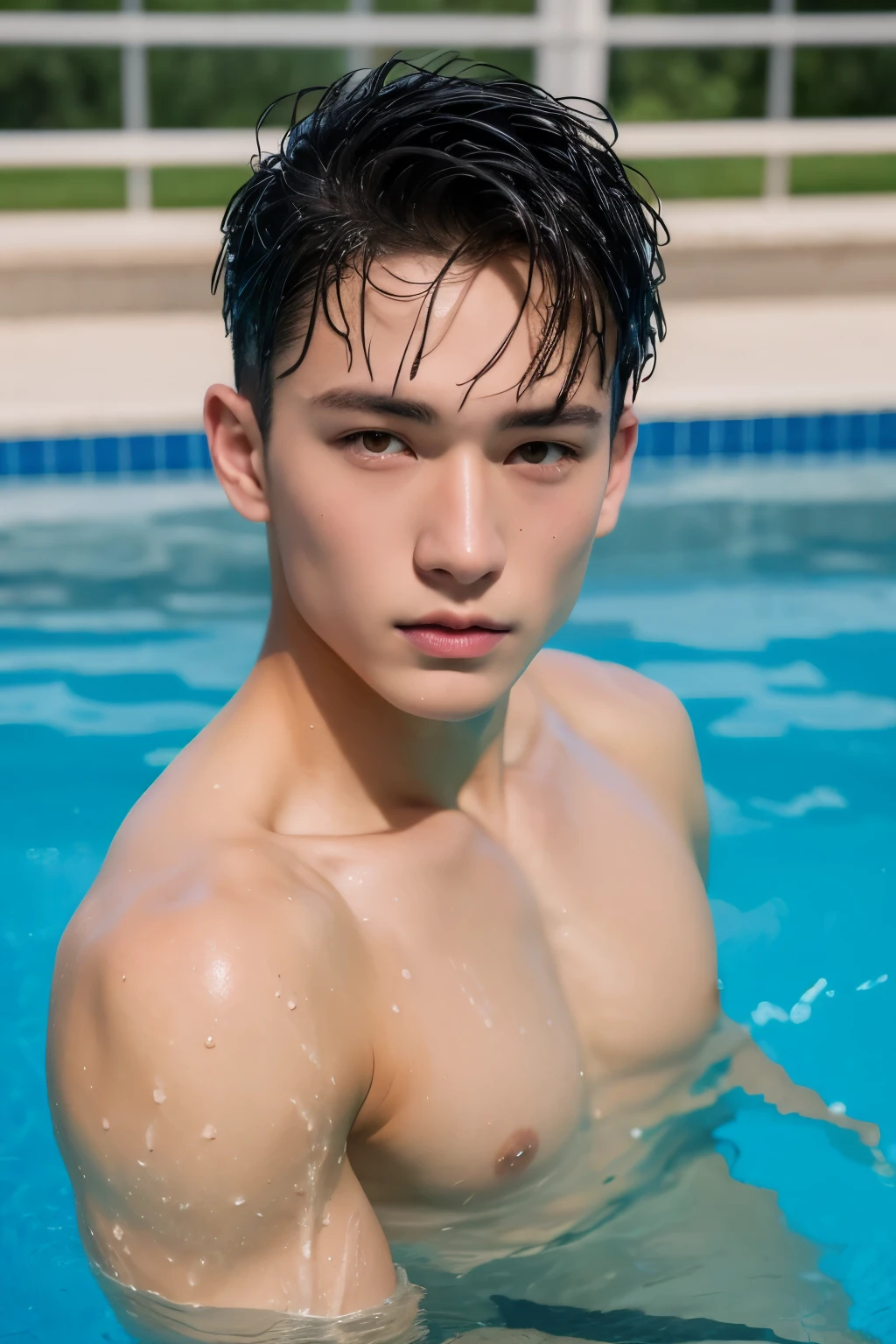 Portrait of muscular boy, mature,swimmingpool,1 boy,Wet with,tmasterpiece