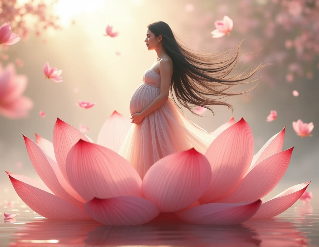  full length, black hair  pregnant , looking camera   , Beautiful face, dress made of red rose petals, Light pink and light white tones, Esbian Full Body, beautiful backgrouond , daylight, Efeito de Luz, Minimalistic, Solar, pure tenderness, soft lighting, Realism. beautiful woman stand  on a super giant lotus with double and long petals (petals made of thin, soft transparent,streaming, fabrics, full background of flowing petals, floating flower, super flying petals, Smoke effect, Fog, some water reflaciton mixed with petals), lotus dress, ((ss-through)) full length. 