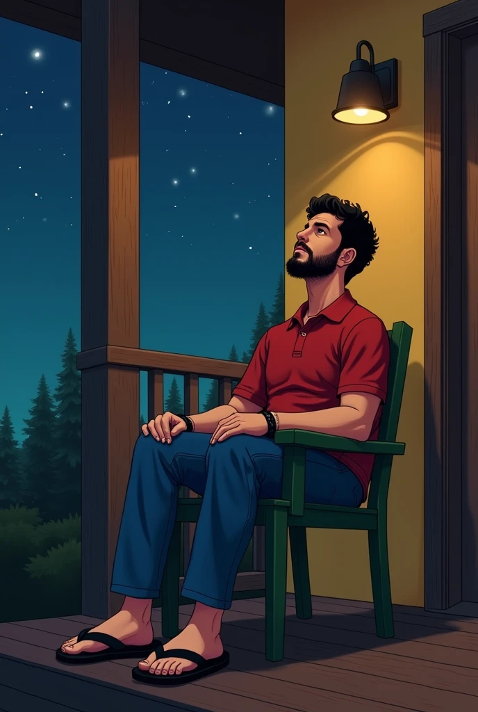 "The medium height, medium build white man with short, curly black hair, white skin, brown eyes, and a goatee is dressed in a red polo shirt, blue jeans, and black Havaianas flip-flops. He has black bracelets on each wrist. He sits on a green chair on the porch of a house at night, with a brown floor beneath him and a yellow wall behind. He gazes up at the starry sky, lost in thought, as the serene night envelops him." Live action art 