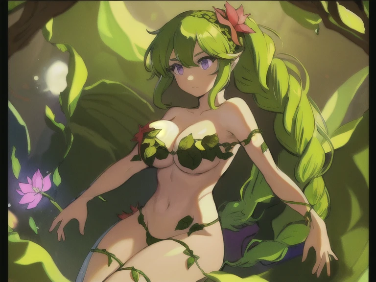 (masterpiece, best quality:0.8), 1girl, DryadT, green_hair, purple_eyes, braid, hair_flower, vines, leaf, nude, navel, large_breasts,