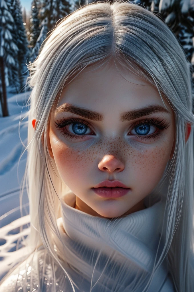 very beautiful woman, perfect face, long white hair, small sharp face, perfect big blue eyes, thin arched eyebrows, very thick and long eyelashes, close up face, freckles, small nose, black winged eyeliner, front view, looking at viewer, super white skin, russian soft small features, in the snow 