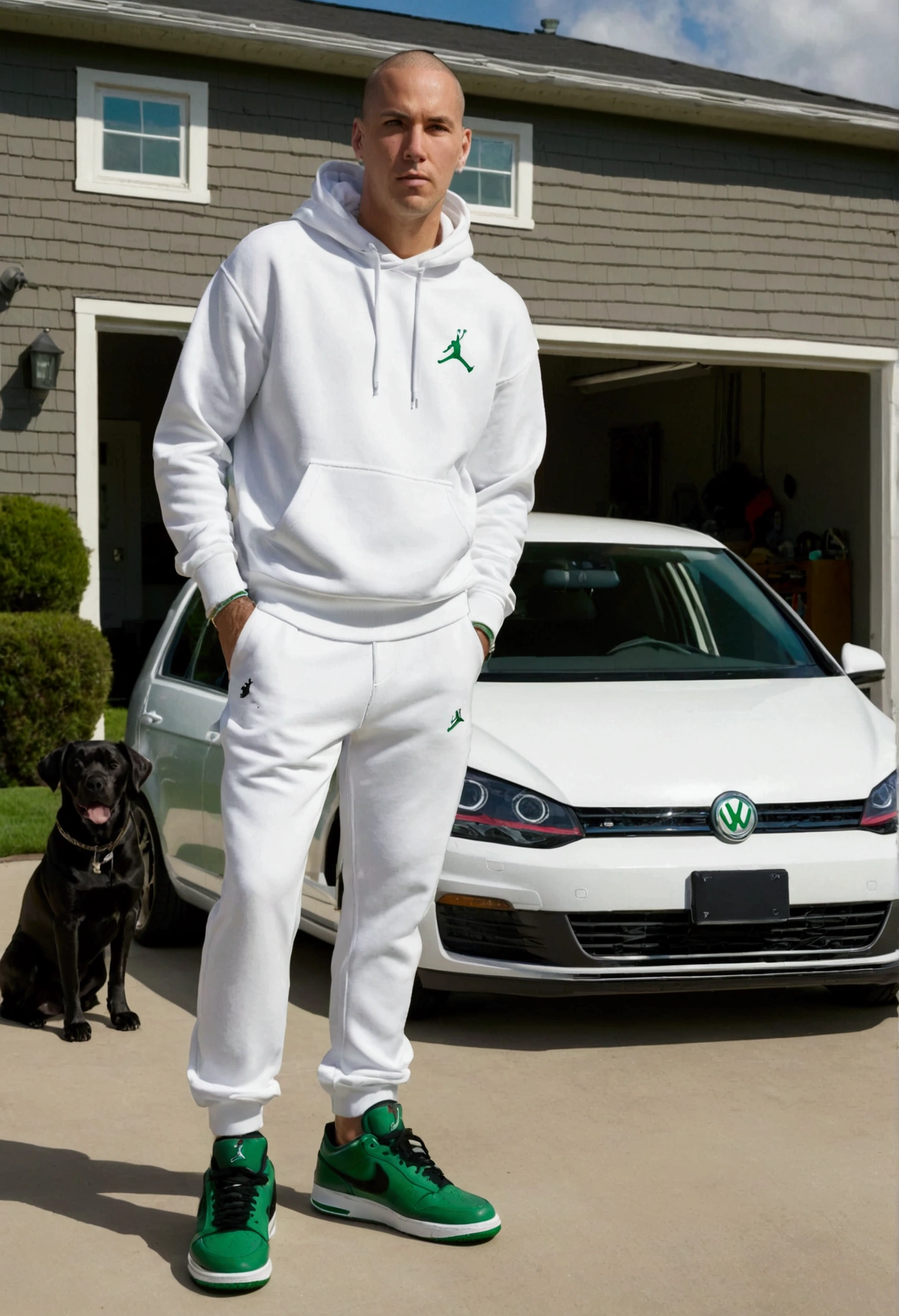 White man wearing a New Era hip-hop style sweatsuit and green Nike Air Jordan sneakers leaning against a low-slung black Volkswagen Golf G4 car in front of a house's garage with two Labrador dogs lying on the floor.