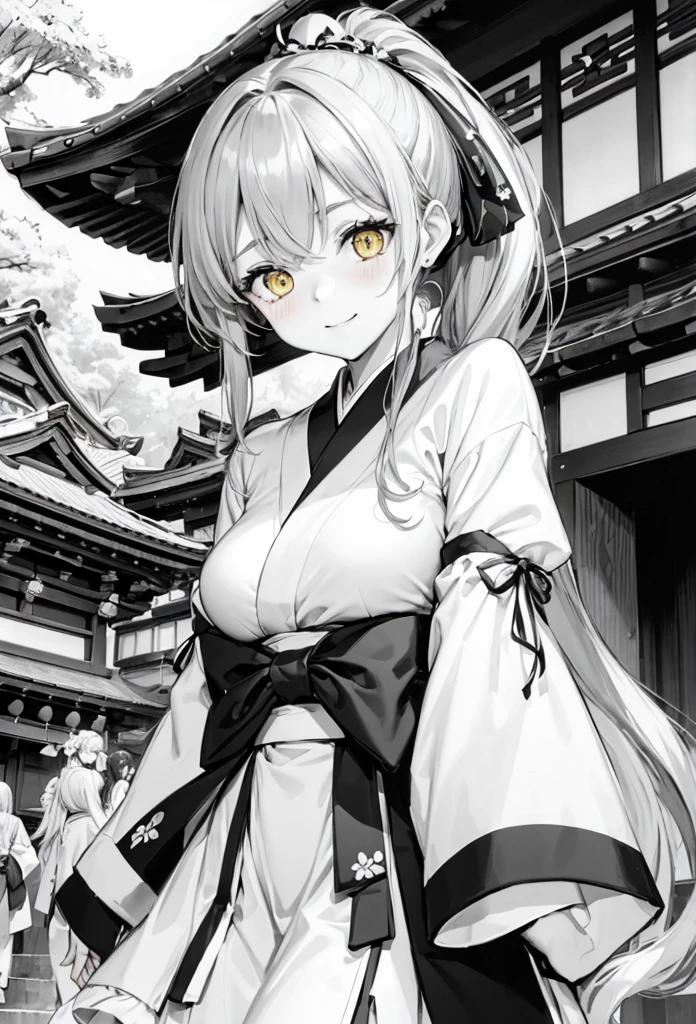 ((monochrome style)), (15 yo) (beautiful ponytail) (beautiful detailed gray hair long hair), (immensely cute girl) (best cute yellow eyes) (Embarrassed look smile, blushing face) (medium:1.3 tits), in a detailed shrine maiden clothes, break, in the white and black Dazaifu Tenmangu Shrine, background beautiful white sky, BREAK, 16k, masterpiece, best quality, immensely detailed monochrome.