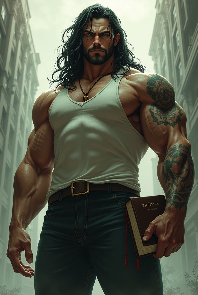 A muscler man with 6'9 , green eyes a little long black hair right arm with tattoo and a book in his hand with his eyeglasses