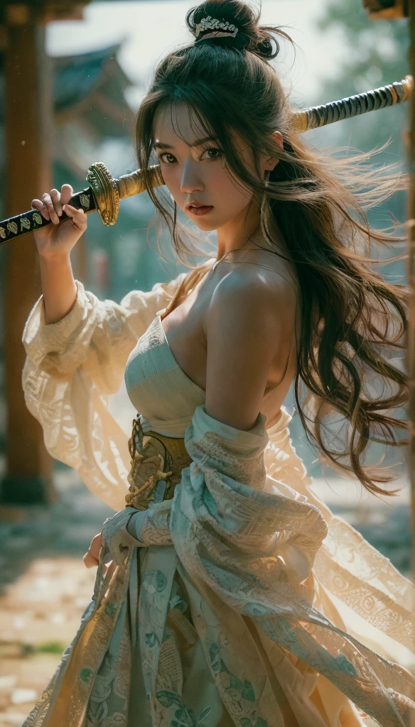 (Masterpiece,Best Quality , photo realistic:1.3), intricate detailed, japanese beautiful woman, dynamic Pose,female samurai , full body, long hair, looking at viewer , naked upper body,(white bandage wrap around chests), (swing a weapon, katana , shining on weapon), combat scene, prepare battle, Japanese pagoda , ryokan , 8k,Detailed,Realistic,Highly detailed 4K digital art, cinematic lighting, 8K resolution concept art, Realism, official arts,illustration,Perfect composition,Focused,the rule of thirds