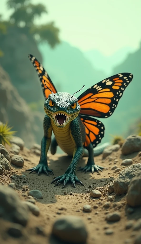 Here is a digital image of a cobra walking on rocky ground. And the Butterfly, whose mouth is open, emits sharp teeth and sharp claws. And its eyes are yellow. The background is a light green tree from sunset. The land is covered with rocks and boulders and there are trees and mountains in the distance. The general feeling of the image is fierce and energetic.
