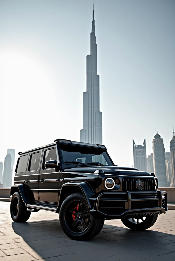 Side view of Fully Modified Mercedes Benz Gwagon  in  Glossy  black colour in front of Burj Khalifa

