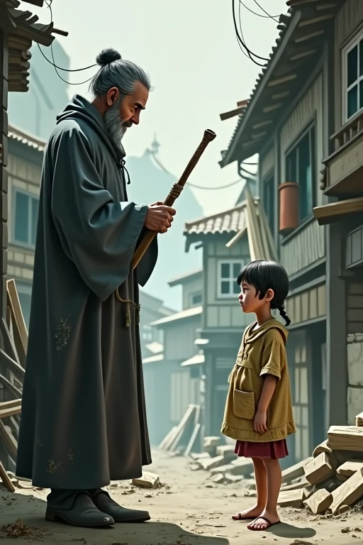 1 girl,  very very poor in Japan, A wizard turned bricklayer with his magic wand looks at the girl