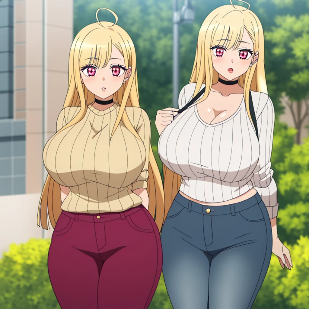 1 girl, (((bimbo))), perfect face, perfect eyes, looking at viewer, blonde hair, puffy lips, thick lips, wide hips, thick thighs, craving lust face, huge natural breasts, cleavage, mature mom, perfect face, perfect eyes, pink eyes, outdoors, city street, tokyo, turtleneck sweater, ribbed sweater, jeans, blond hair, long hair, black neck choker, kitagawa marin, cowboy shot, sexy pose, vivid colors