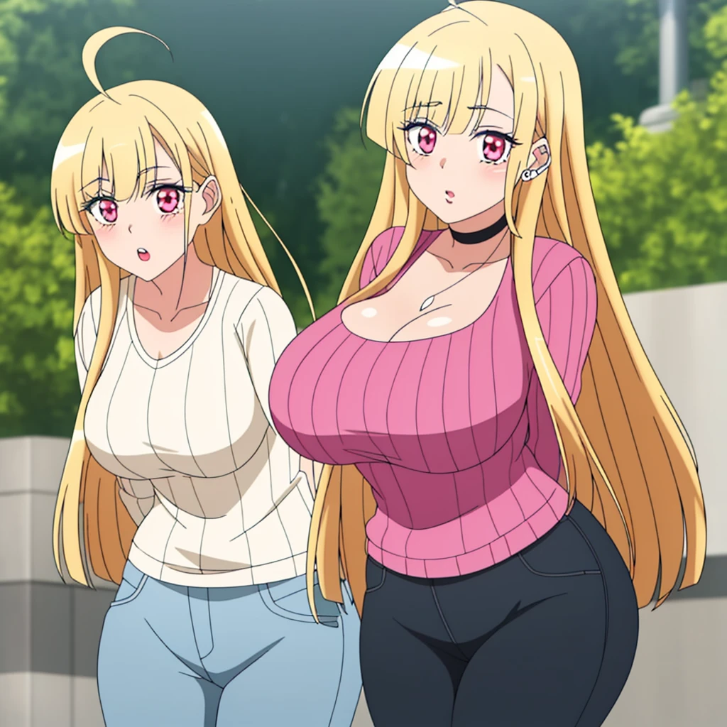 1 girl, (((bimbo))), perfect face, perfect eyes, looking at viewer, blonde hair, puffy lips, thick lips, wide hips, thick thighs, craving lust face, huge natural breasts, cleavage, mature mom, perfect face, perfect eyes, pink eyes, outdoors, city street, tokyo, turtleneck sweater, ribbed sweater, jeans, blond hair, long hair, black neck choker, kitagawa marin, cowboy shot, sexy pose, vivid colors