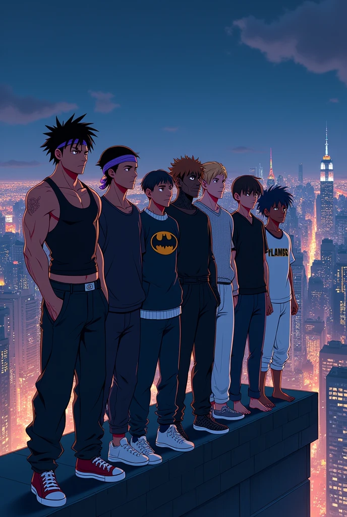 Create an image of 8 anime style friends, in the background there is a city and it is night in the city, New York style, and they are side by side on top of a building looking at the view.

The first friend, he is wearing a black tank top and his arms have veins, he wears baggy black jeans, it is white in tone.
he has black hair and he has a purple headband tied around his head, he has a confident face, but without smiling. Ele está com um com tennis 
totalmente preto. He is tall.


The second friend, wears black clothes, is wearing a sweatshirt and black pants, and shoes too. is wearing a black hat. and his mouth has a slight smile. and his eyes shine white. your hair is black. He has a white belt around his waist. He is tall.


The third friend, is wearing jeans and a Batman symbol sweatshirt. e um tennis preto também. your hair is black, and your skin tone is dark. He is tall.


The fourth friend, está com um tennis branco está usando uma calça jeans preta, and a turtleneck shirt, ele tem o cabelo castanho e esta sorridente e Her skin tone is fair. He is tall.


The fifth friend, is wearing baggy black pants, e um tennis branco, Her skin tone is fair, his shirt is gray and his hair is light brown, e He is tall.


The sixth friend, is wearing all white clothes, tennis, shirt and pants, and your hair is white too, he has light skin tone. He is tall.


The seventh friend, is wearing a Flamengo shirt (Brazilian soccer team)
o your hair is black e usa uma calça social, and your skin tone is dark. and has tattoos on his arms, e He is tall.


The eighth friend, is wearing a black shirt, um short/ben 10 shorts, and he is barefoot, your hair is blue.

