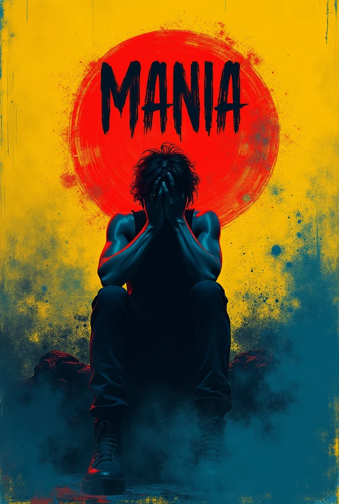 Create a cover for a book called "Depressing stories for ordinary people", in Spanish, with the colors yellow, red, blue and black:
The cover has a bright yellow background that represents the energy and intensity of mania.. In the middle, hay una imagen en red intenso de una persona con la cabeza entre las manos, surrounded by blue shadows that symbolize depression and darkness. El título del libro in Spanish es "Depressing stories for ordinary people" It is written in black letters, with an irregular and disordered typography, as if they were handwritten with a nervously moving pen.