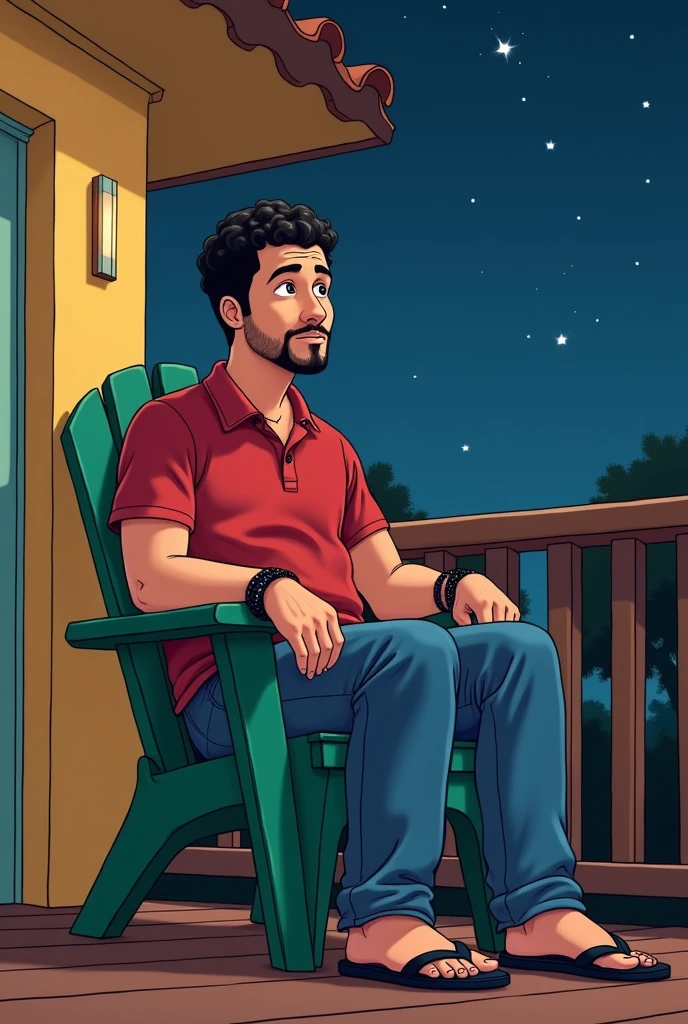 "The medium height, medium build white man with short, curly black hair, white skin, brown eyes, and a goatee is dressed in a red polo shirt, blue jeans, and black Havaianas flip-flops. He has black bracelets on each wrist. He sits on a green chair on the porch of a house at night, with a brown floor beneath him and a yellow wall behind. He gazes up at the starry sky, lost in thought, as the serene night envelops him." Cartoon art 